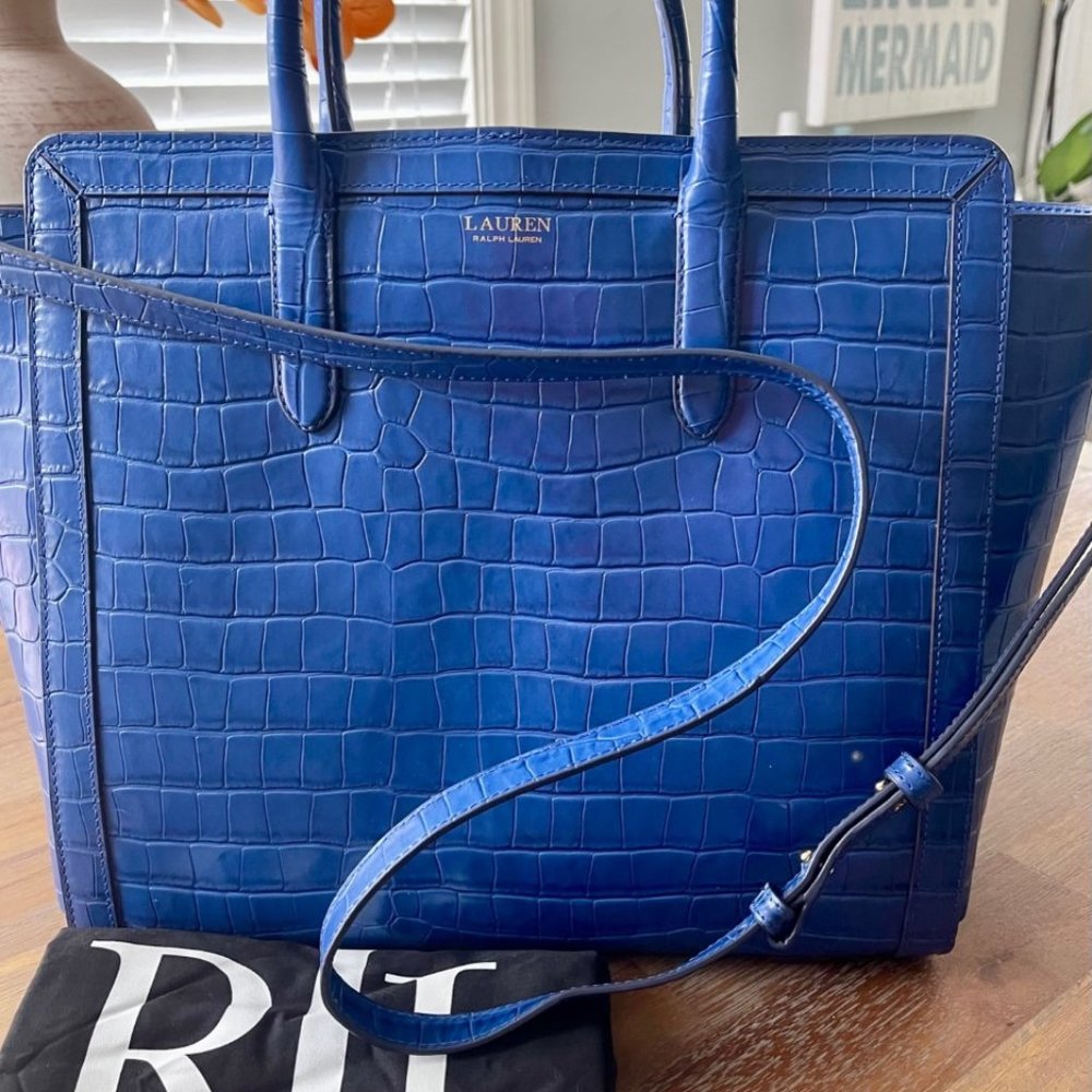 New RALPH LAUREN bag purse SPRING INDIGO Sai GOLD Crock imprint BLUE Collection